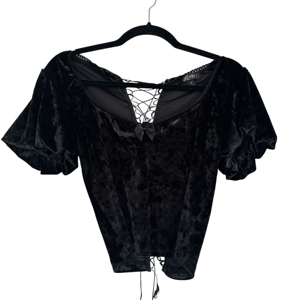 Dolls Kill Widow Time Stands Still Velvet Puff Sleeve Lace Up Top Medium